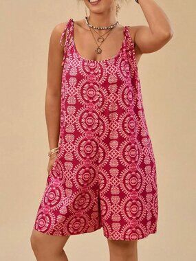Red Boho Women's Plus Size Floral Print Spaghetti Strap Casual romper